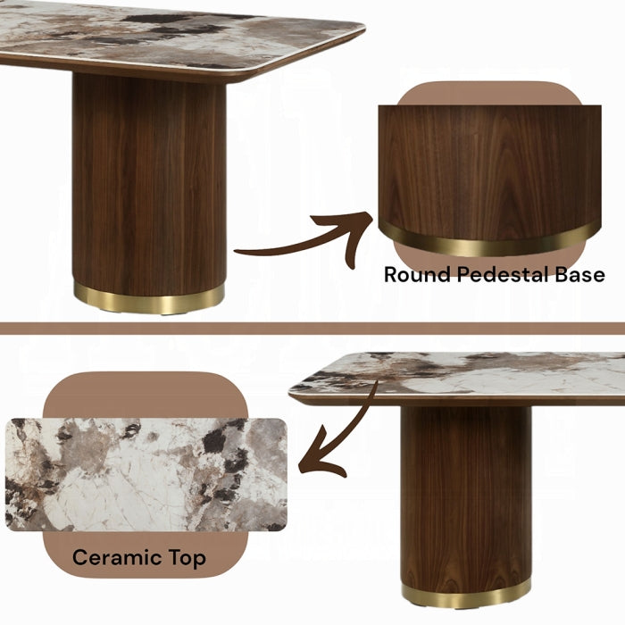 Acme DN03305-7PC 7 pc Willene walnut finish wood ribbed pedestals ceramic marble top mid century dining table set