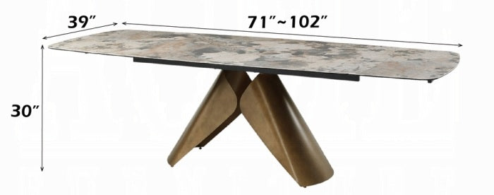 Acme DN03595-7PC 7 pc Malika golden copper finish rounded edge brown ceramic marble top dining table set