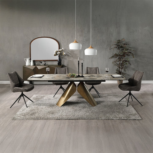 Acme DN03595-7PC 7 pc Malika golden copper finish rounded edge brown ceramic marble top dining table set
