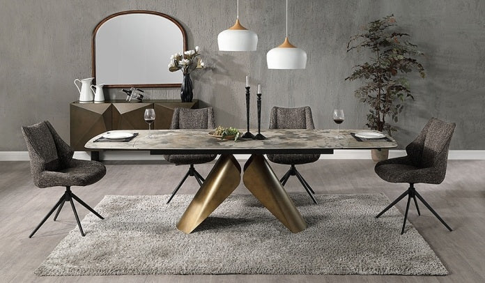 Acme DN03595-7PC 7 pc Malika golden copper finish rounded edge brown ceramic marble top dining table set