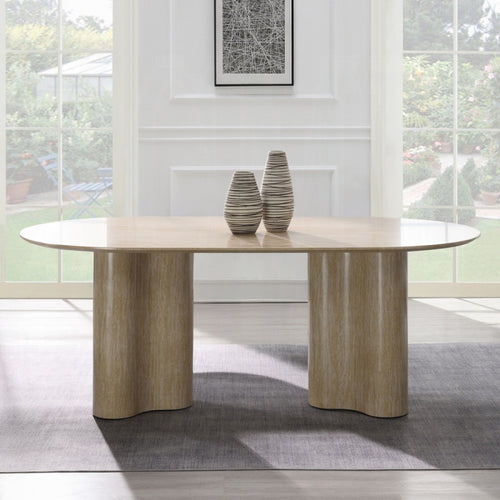Acme DN03675-77-7PC 7 pc Jirina travertine look finish wood 79" oval double pedestal dining table set