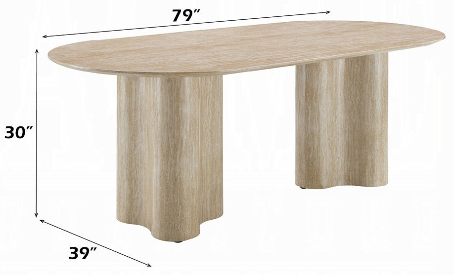 Acme DN03675-78-7PC 7 pc Jirina travertine look finish wood 79" oval double pedestal dining table set