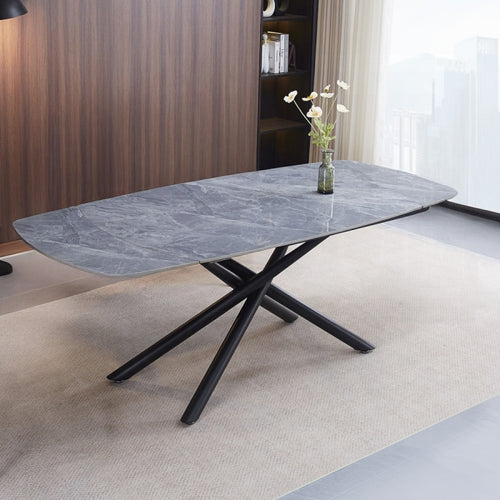 Acme DN03685-5PC  5 pc Hester grey ceramic top 79" dining table set black frame and grey chairs