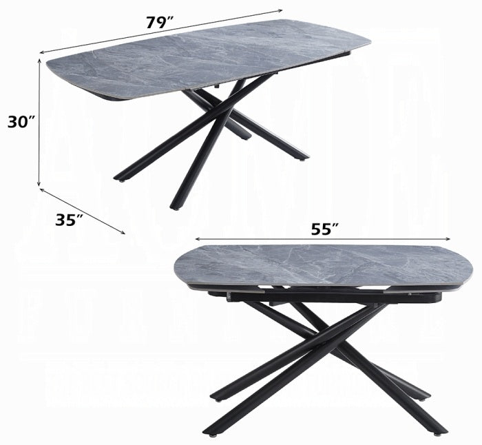 Acme DN03685-5PC  5 pc Hester grey ceramic top 79" dining table set black frame and grey chairs