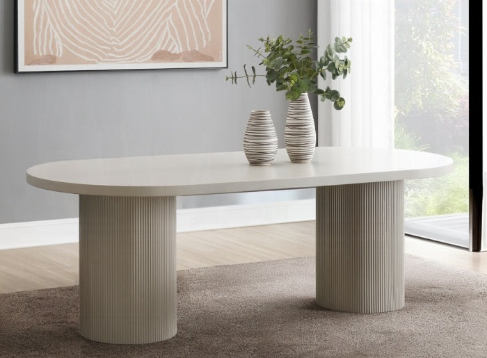 Acme DN03695-7PC 7 pc Laela bone white finish wood dining table set blue boucle fabric chairs