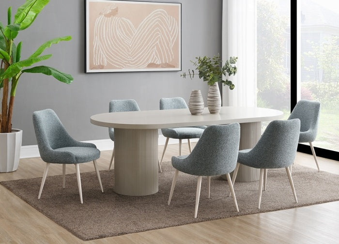 Acme DN03695-7PC 7 pc Laela bone white finish wood dining table set blue boucle fabric chairs