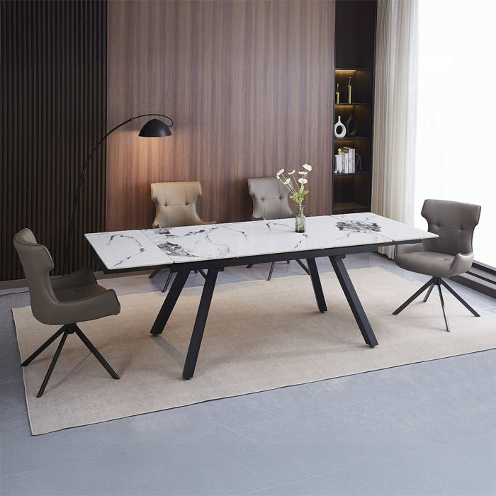 Acme DN03735-5PC  5 pc Damita black and white ceramic top 95" dining table set black frame and camel faux leather