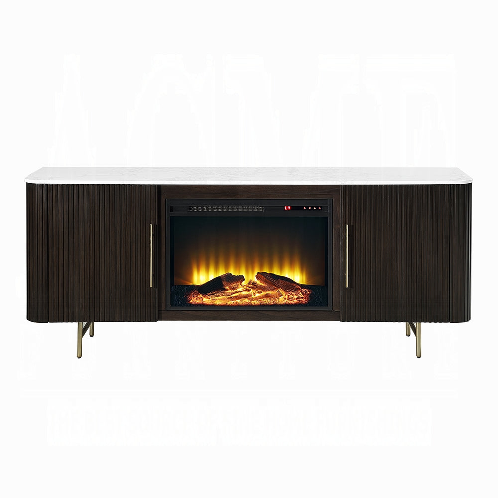 Acme DN03944  Clayten espresso finish wood marble top 70" dining buffet server sideboard cabinet with fireplace insert Bluetooth speaker