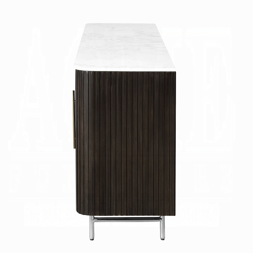 Acme DN03944  Clayten espresso finish wood marble top 70" dining buffet server sideboard cabinet with fireplace insert Bluetooth speaker