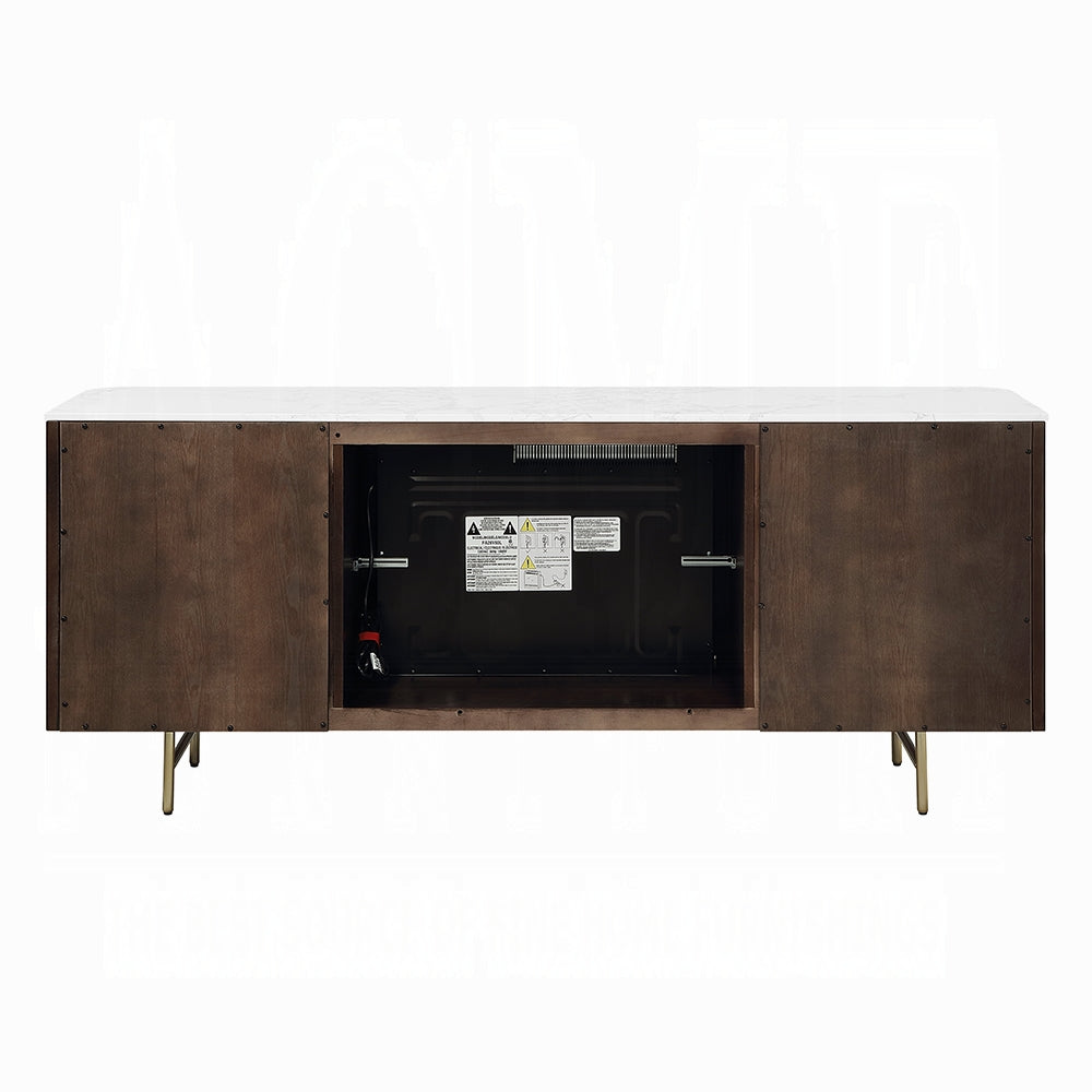 Acme DN03944  Clayten espresso finish wood marble top 70" dining buffet server sideboard cabinet with fireplace insert Bluetooth speaker