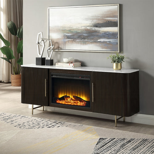 Acme DN03944  Clayten espresso finish wood marble top 70" dining buffet server sideboard cabinet with fireplace insert Bluetooth speaker