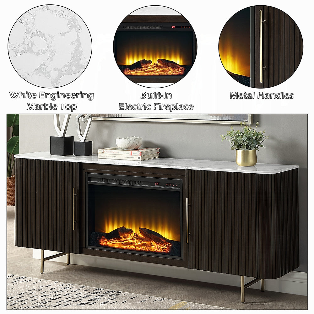 Acme DN03944  Clayten espresso finish wood marble top 70" dining buffet server sideboard cabinet with fireplace insert Bluetooth speaker