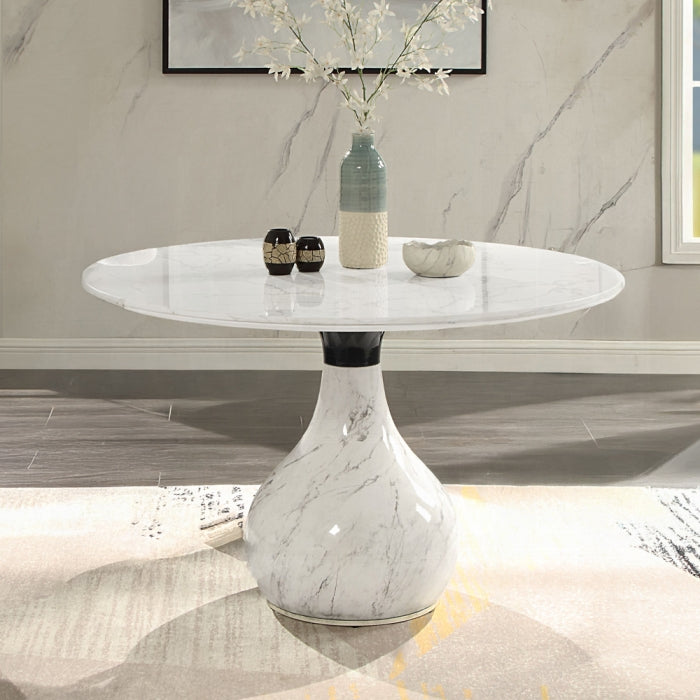 DN04055-5PC 5 pc Koen white and black engineered marble 48" round dining table set grey boucle chairs