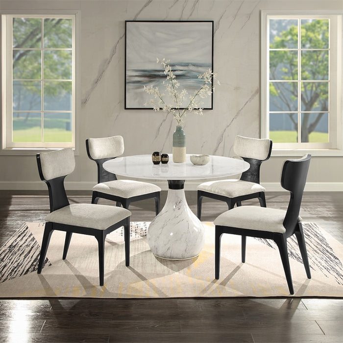 DN04055-5PCA 5 pc Koen white and black engineered marble 48" round dining table set white chenille chairs