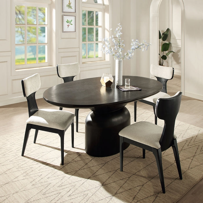 DN04065-66-5PC 5 pc Marioly ash black finish wood 78" oval dining table set white boucle chairs