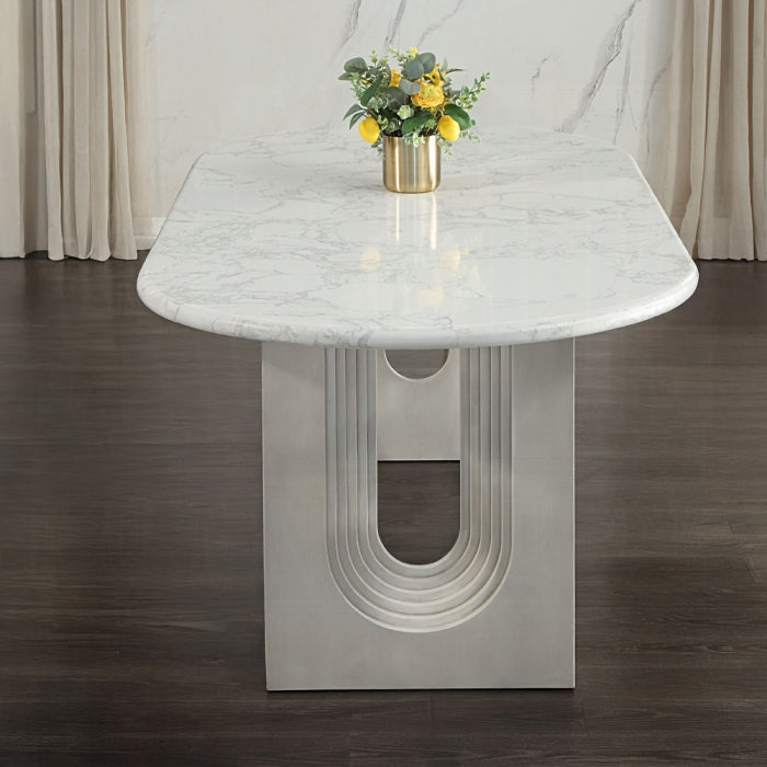 Acme DN04205-7PC 7 pc Zayn white finish pedestals rounded edge white marble top dining table set