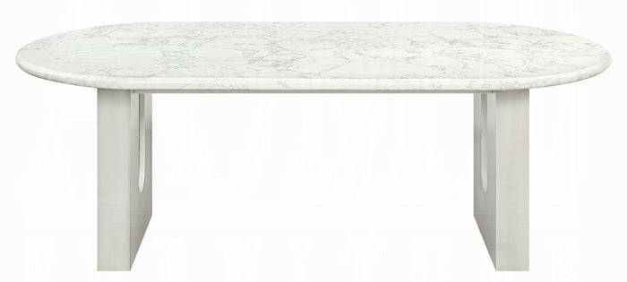 Acme DN04205-7PC 7 pc Zayn white finish pedestals rounded edge white marble top dining table set