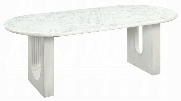 Acme DN04205-7PC 7 pc Zayn white finish pedestals rounded edge white marble top dining table set