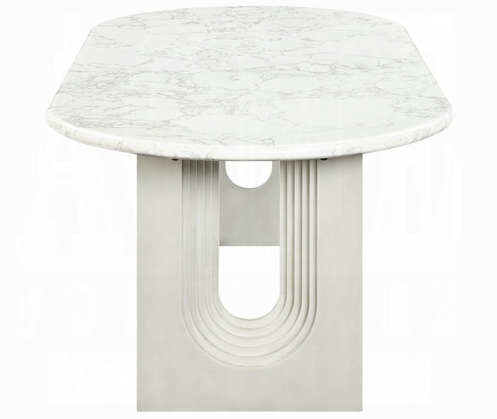 Acme DN04205-7PC 7 pc Zayn white finish pedestals rounded edge white marble top dining table set