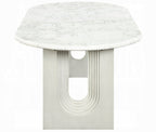 Acme DN04205-7PC 7 pc Zayn white finish pedestals rounded edge white marble top dining table set