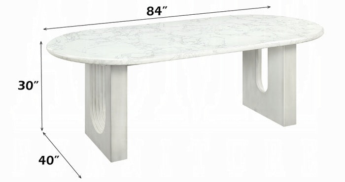 Acme DN04205-7PC 7 pc Zayn white finish pedestals rounded edge white marble top dining table set