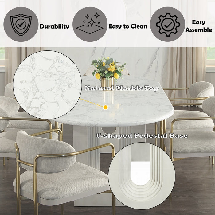 Acme DN04205-7PC 7 pc Zayn white finish pedestals rounded edge white marble top dining table set