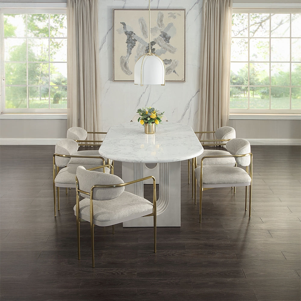 Acme DN04205-7PC 7 pc Zayn white finish pedestals rounded edge white marble top dining table set