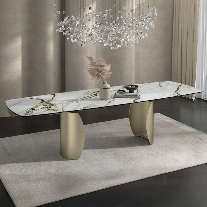 Acme DN04295-7PC 7 pc Cora golden champagne finish rounded edge white ceramic marble top dining table set