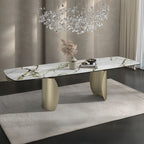 Acme DN04295-7PC 7 pc Cora golden champagne finish rounded edge white ceramic marble top dining table set