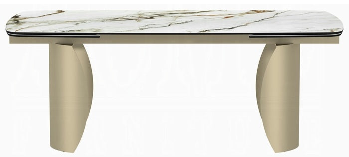 Acme DN04295-7PC 7 pc Cora golden champagne finish rounded edge white ceramic marble top dining table set