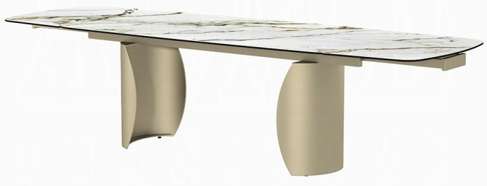 Acme DN04295-7PC 7 pc Cora golden champagne finish rounded edge white ceramic marble top dining table set