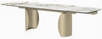 Acme DN04295-7PC 7 pc Cora golden champagne finish rounded edge white ceramic marble top dining table set