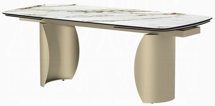 Acme DN04295-7PC 7 pc Cora golden champagne finish rounded edge white ceramic marble top dining table set