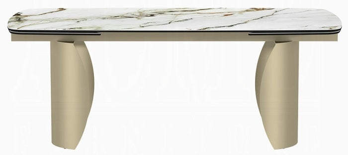 Acme DN04295-7PC 7 pc Cora golden champagne finish rounded edge white ceramic marble top dining table set