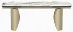 Acme DN04295-7PC 7 pc Cora golden champagne finish rounded edge white ceramic marble top dining table set