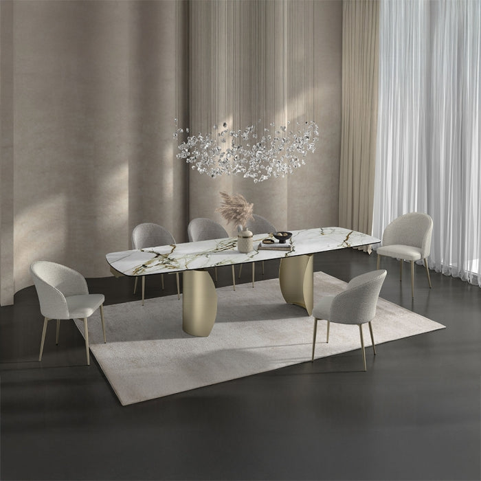 Acme DN04295-7PC 7 pc Cora golden champagne finish rounded edge white ceramic marble top dining table set