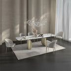 Acme DN04295-7PC 7 pc Cora golden champagne finish rounded edge white ceramic marble top dining table set