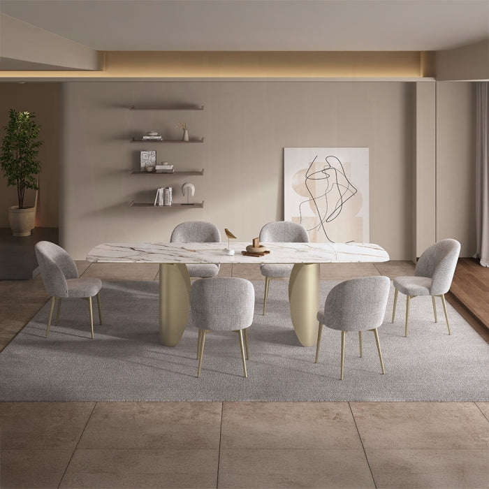 Acme DN04295-7PC 7 pc Cora golden champagne finish rounded edge white ceramic marble top dining table set