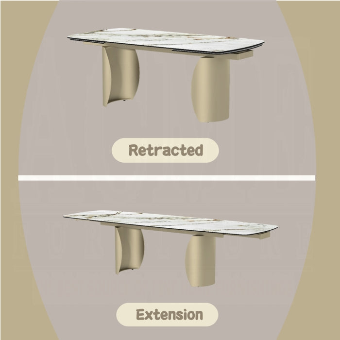 Acme DN04295-7PC 7 pc Cora golden champagne finish rounded edge white ceramic marble top dining table set
