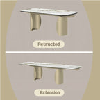 Acme DN04295-7PC 7 pc Cora golden champagne finish rounded edge white ceramic marble top dining table set