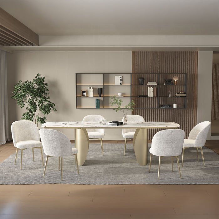 Acme DN04295-7PC 7 pc Cora golden champagne finish rounded edge white ceramic marble top dining table set