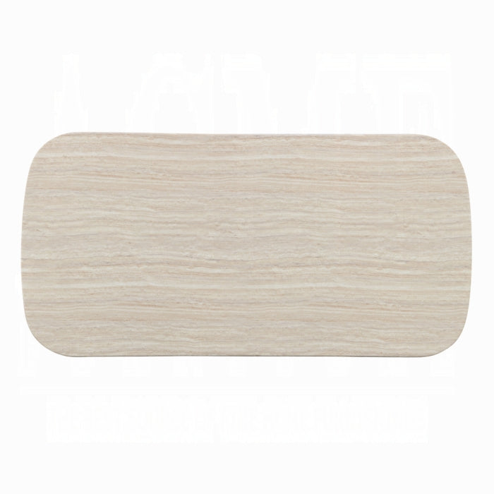 Acme DN04755-7PC 7 pc Lidi natural finish wood faux marble top mid century modern dining table set brown chenille chairs