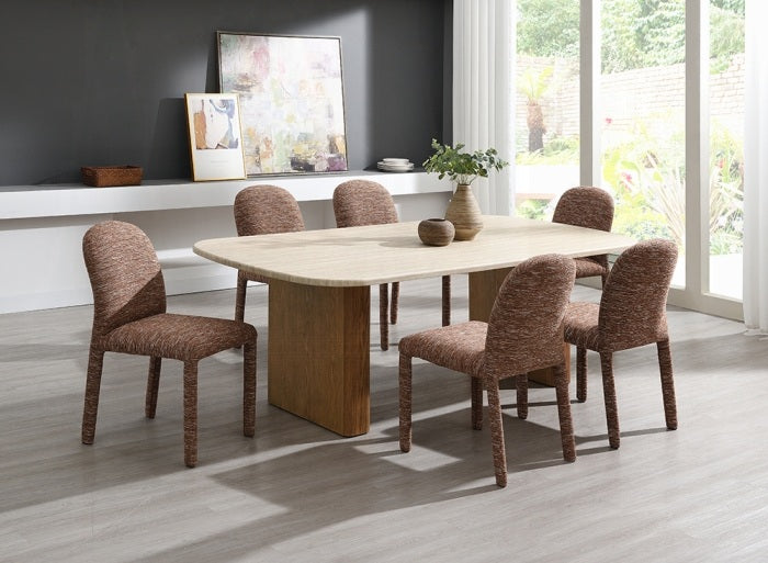 Acme DN04755-7PC 7 pc Lidi natural finish wood faux marble top mid century modern dining table set brown chenille chairs