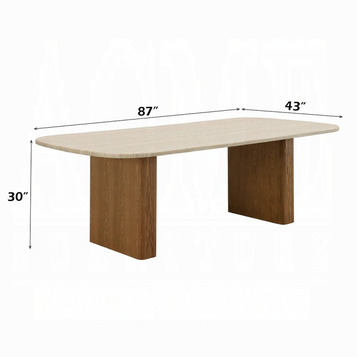 Acme DN04755-7PC 7 pc Lidi natural finish wood faux marble top mid century modern dining table set brown chenille chairs