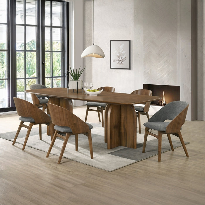 Acme DN06270-7PC 7 pc Delmon walnut finish wood mid-century modern dining table set grey fabric and wood back chairs