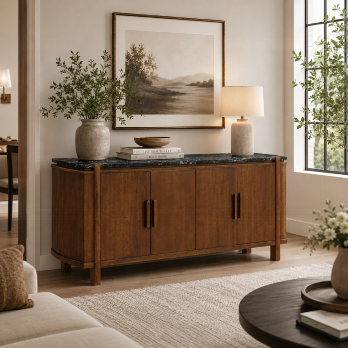 Estella Walnut Finish Wood Black Marble Top Sideboard Server Buffet Cabinet – DN06878