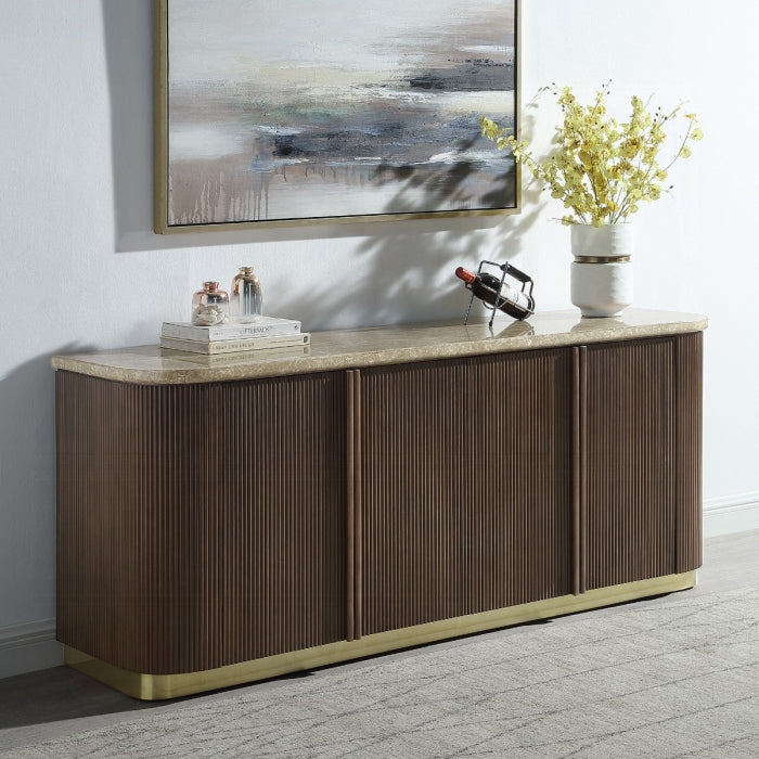 Clayten Brown Oak Finish Wood Natural Marble Top Sideboard Server Buffet Cabinet – DN07003