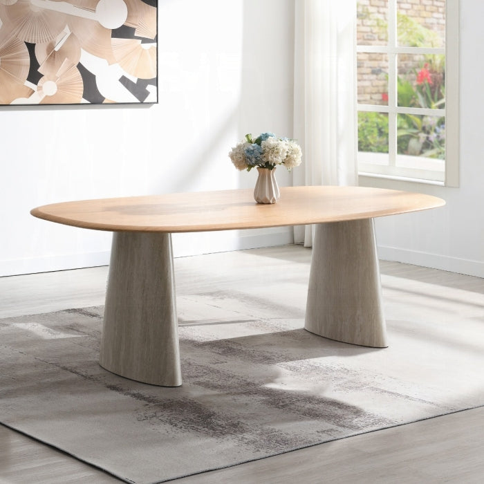 Ogin Light Oak & Travertine 87" 7-Piece Dining Table Set – DN07070-7PC