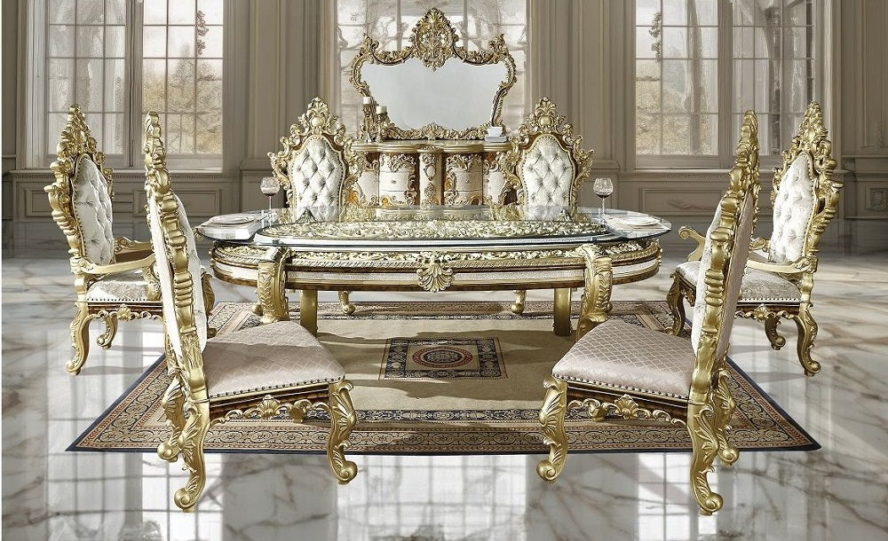 Acme DN60000-7PC 7 pc Astoria grand Desiderius antique gold finish wood 18th century french inspired baroque ornate 107" glass top dining table set