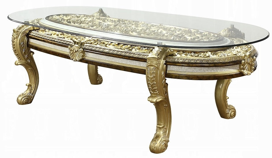 Acme DN60000-7PC 7 pc Astoria grand Desiderius antique gold finish wood 18th century french inspired baroque ornate 107" glass top dining table set